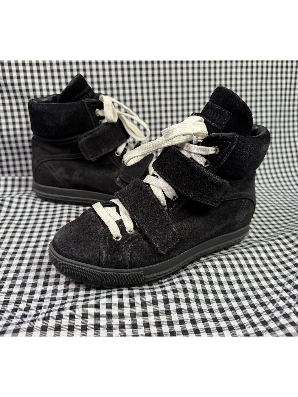 Miu Miu Sneakers Womens 35.5 US 5.5 Black Suede High Top Vintage Lace Up Italy